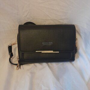 Black Forever Young Purse with attachable long strap and zippered pockets